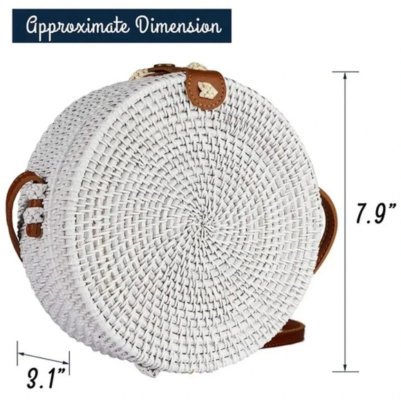 Round Wicker Rattan Hand Woven Crossbody Shoulder Purse Beach Bags leather strap - Picture 3 of 5